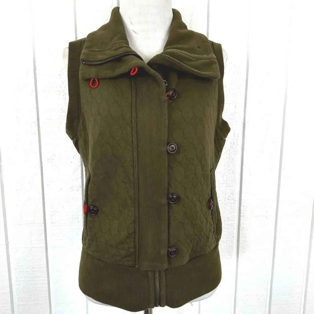 Gap Body Olive Quilted Vest Button Zip High Neck Utility Womens S 2007 - Picture 2 of 8